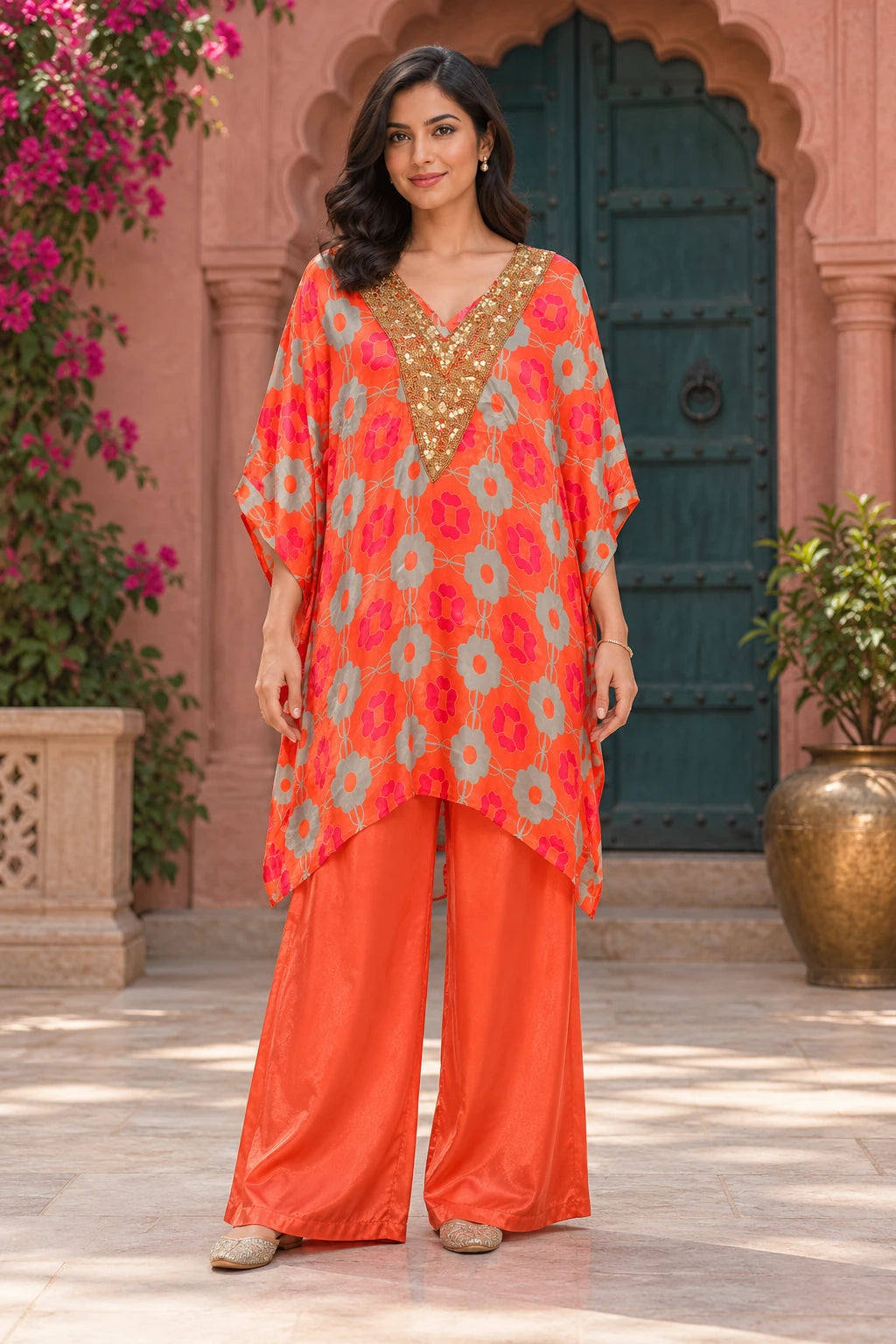Coral Red floral embellished co-ord, front view