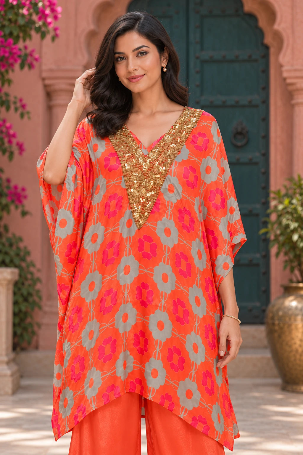 Coral Red floral embellished co-ord, close-up view
