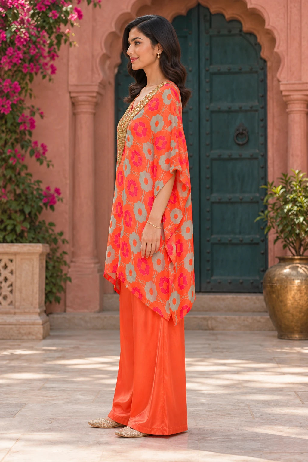 Coral Red floral embellished co-ord, side profile view