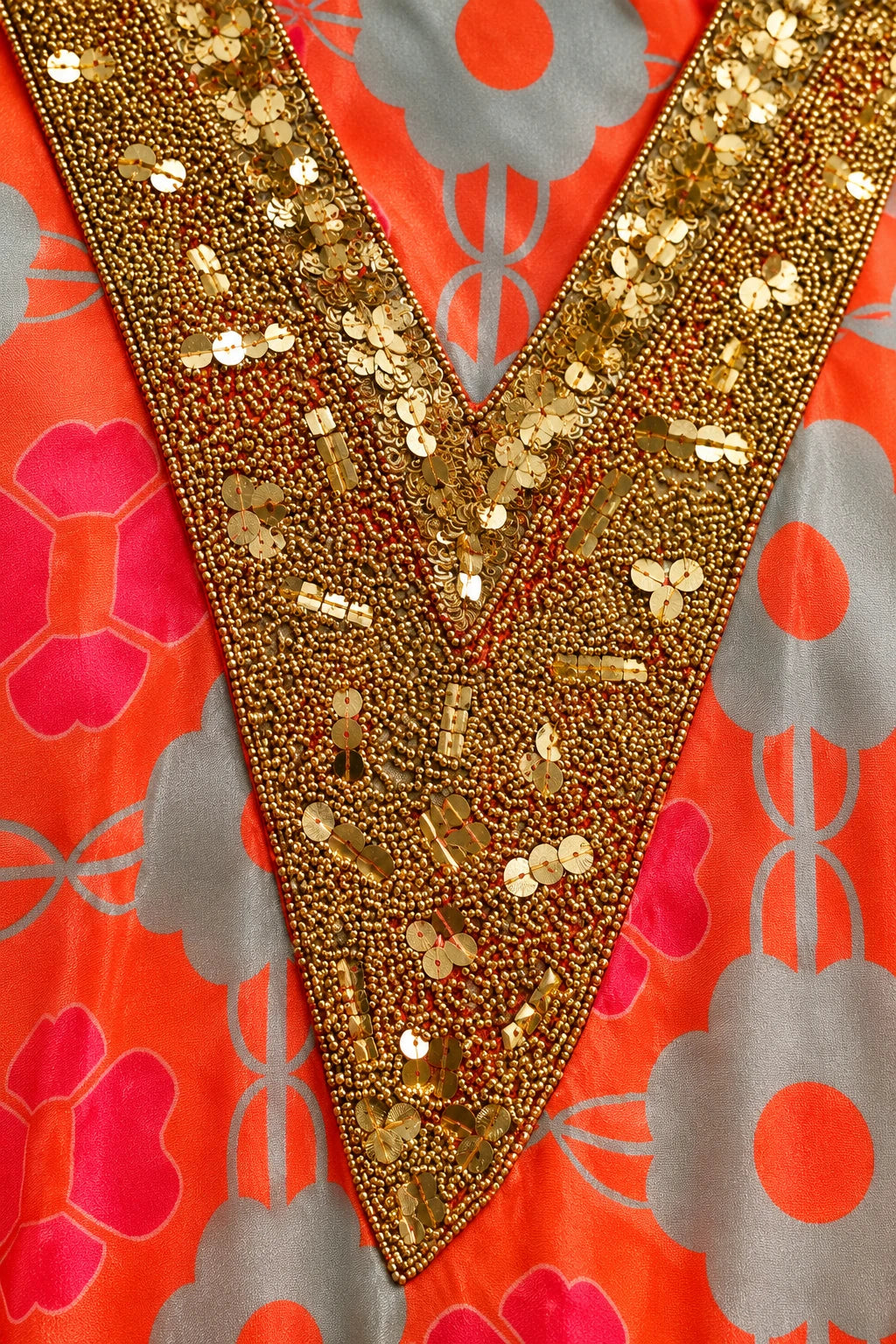 Coral Red floral embellished co-ord, work detail macro