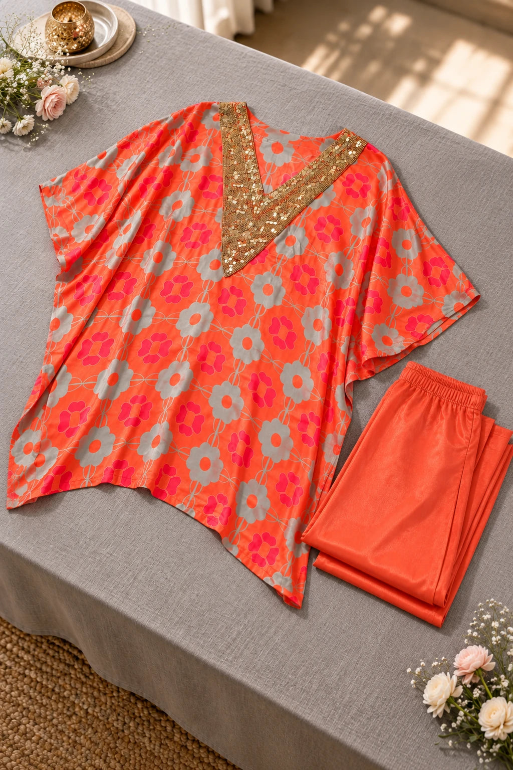Coral Red floral embellished co-ord, styled still life