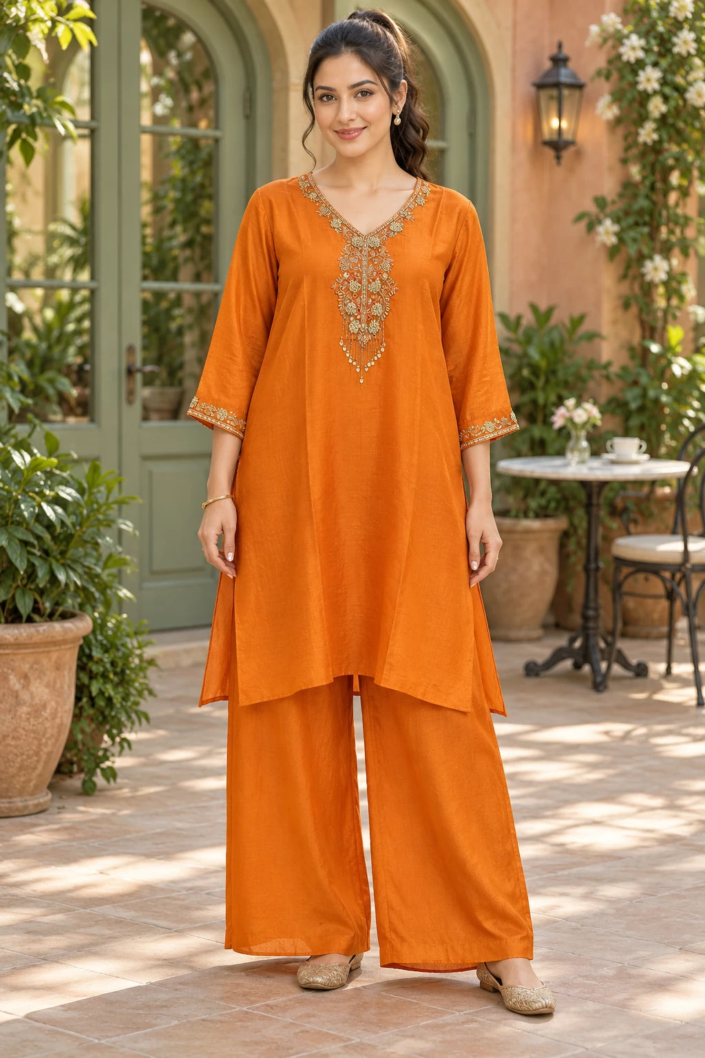 Orange embellished co-ord, front view
