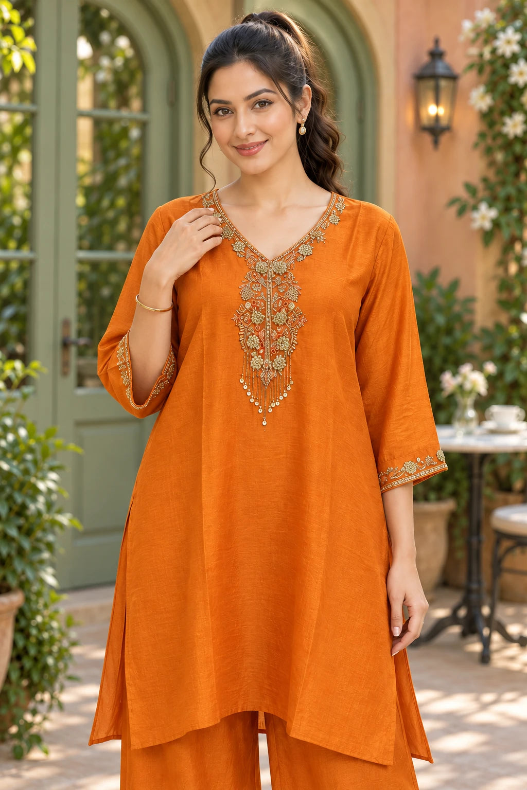 Orange embellished co-ord, close-up view