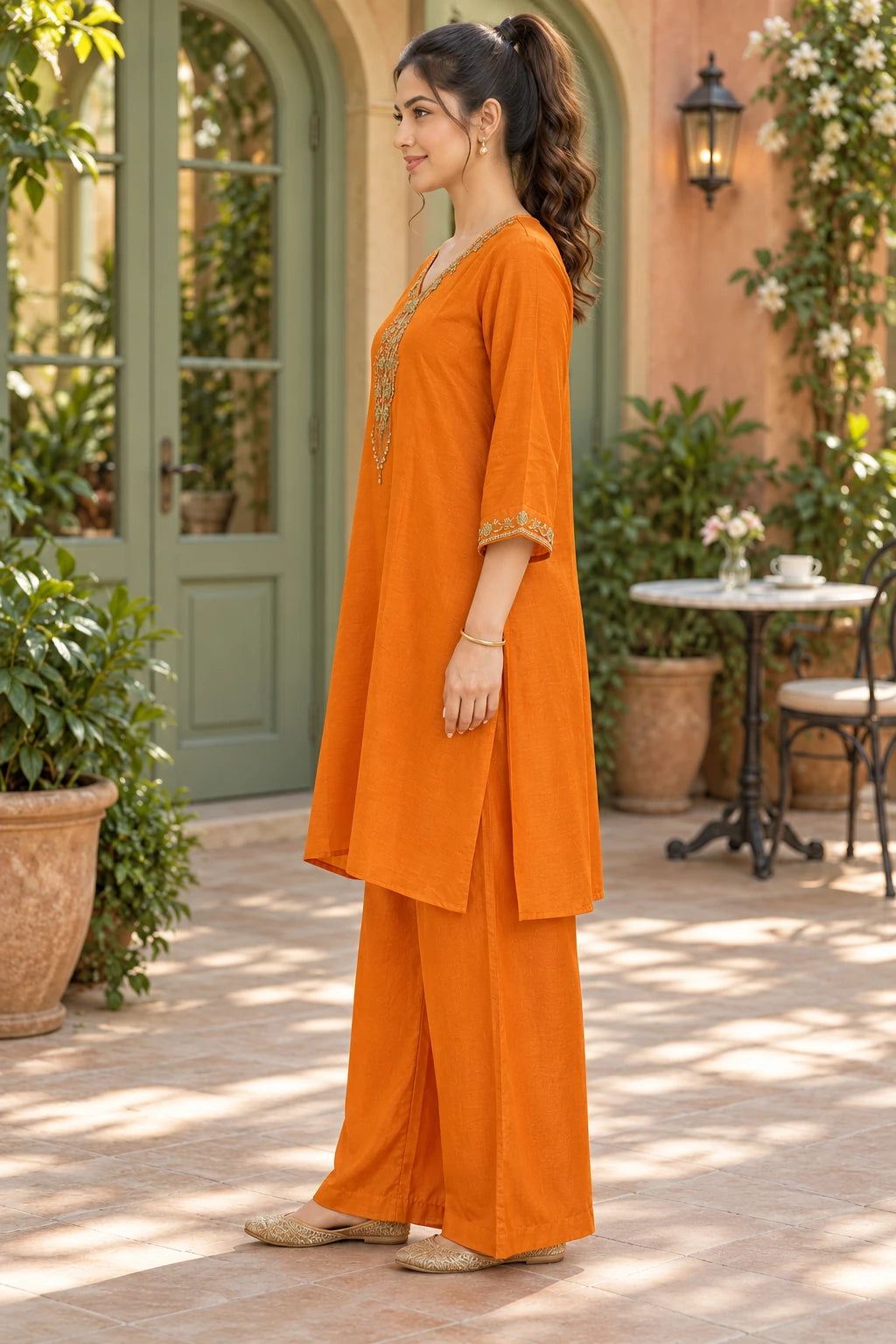 Orange embellished co-ord, side profile view