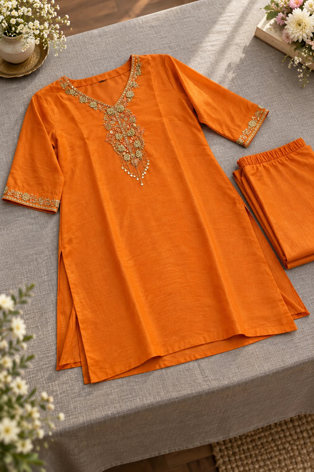 Orange embellished co-ord, styled still life