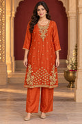 Rust orange embellished co-ord, front view