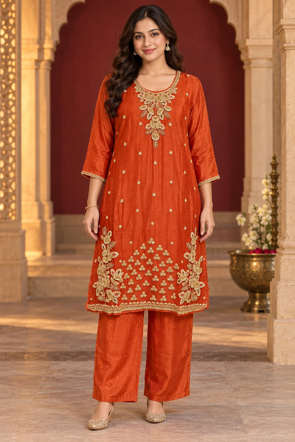 Rust orange embellished co-ord, front view