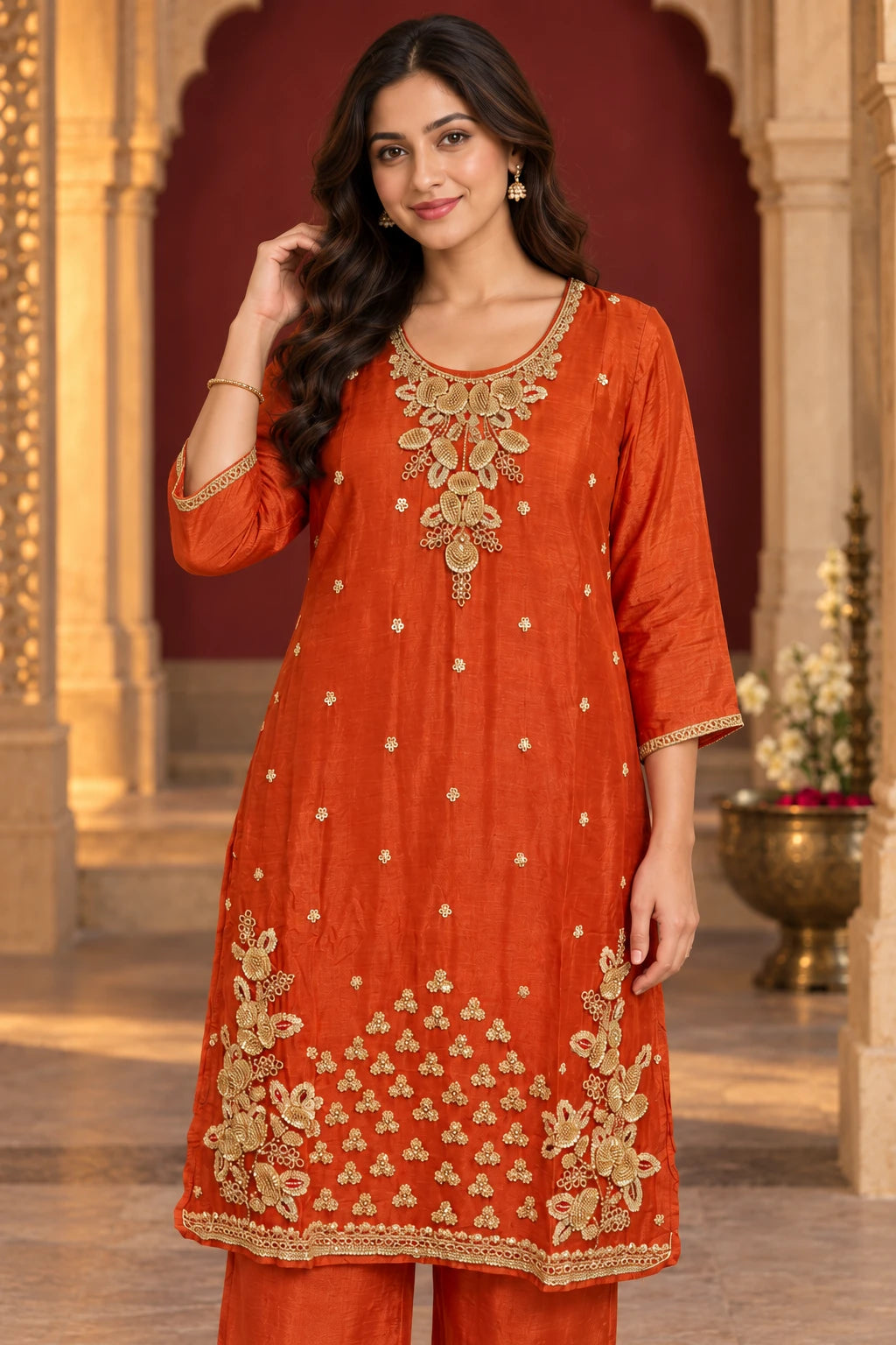 Rust orange embellished co-ord, close-up view