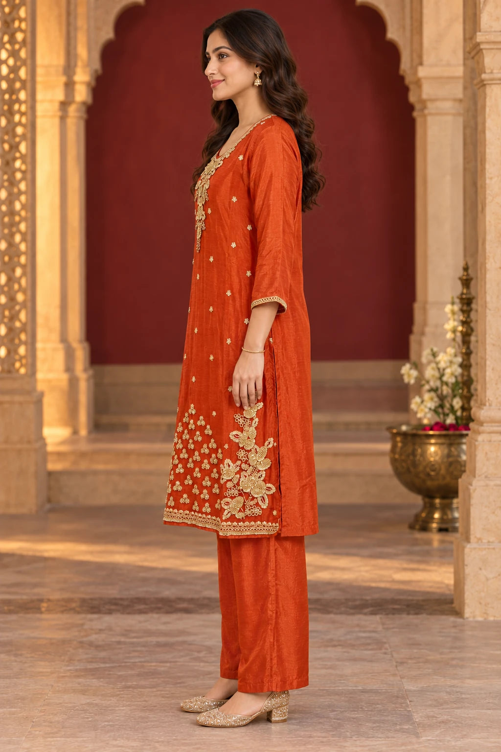 Rust orange embellished co-ord, side profile view