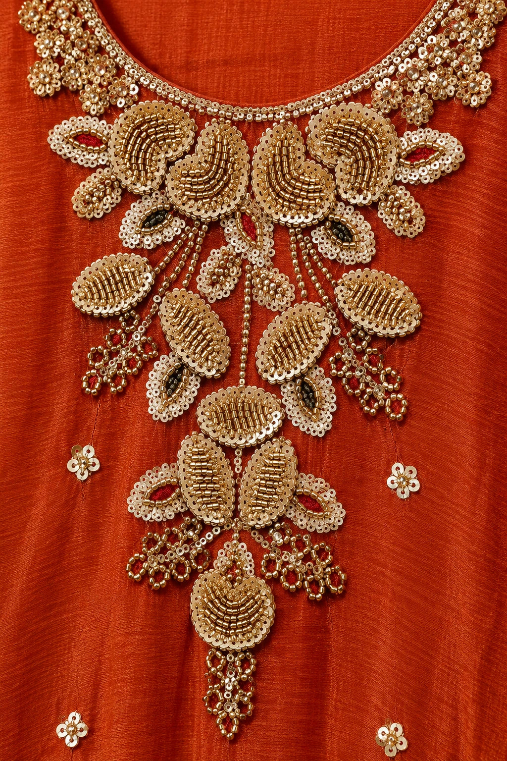Rust orange embellished co-ord, work detail macro