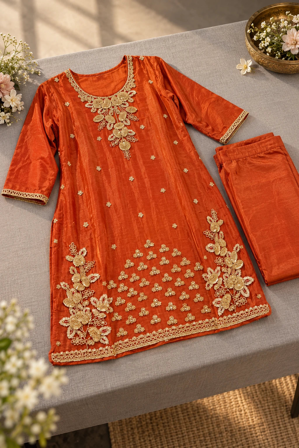 Rust orange embellished co-ord, styled still life