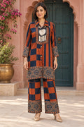 Rust orange & navy blue checks bohemian print co-ord, front view