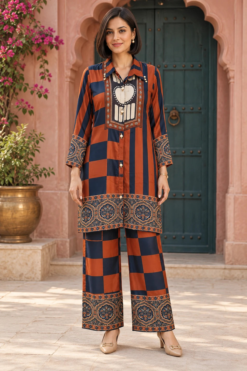 Rust orange & navy blue checks bohemian print co-ord, front view