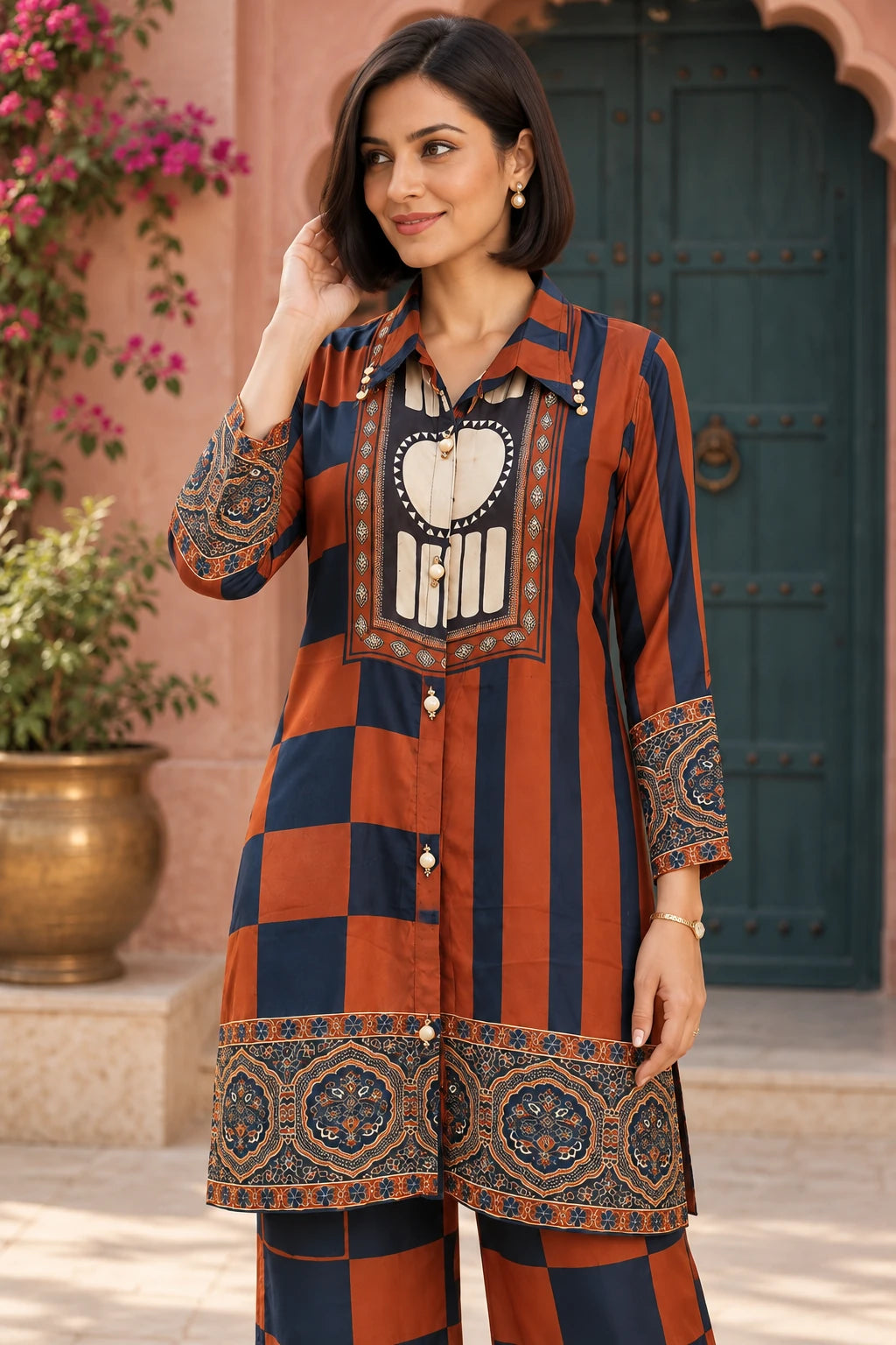 Rust orange & navy blue checks bohemian print co-ord, close-up view