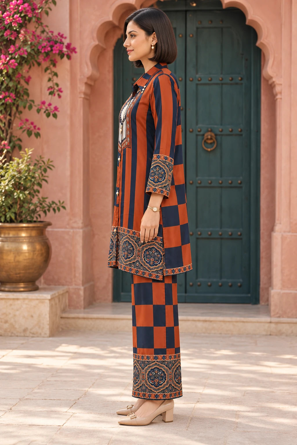 Rust orange & navy blue checks bohemian print co-ord, side profile view