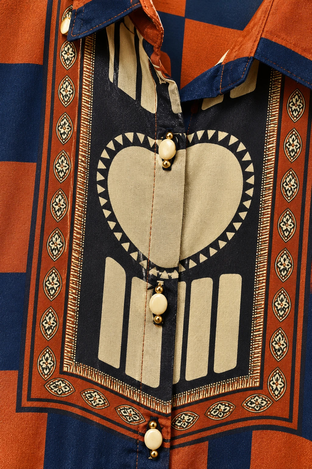 Rust orange & navy blue checks bohemian print co-ord, work detail macro