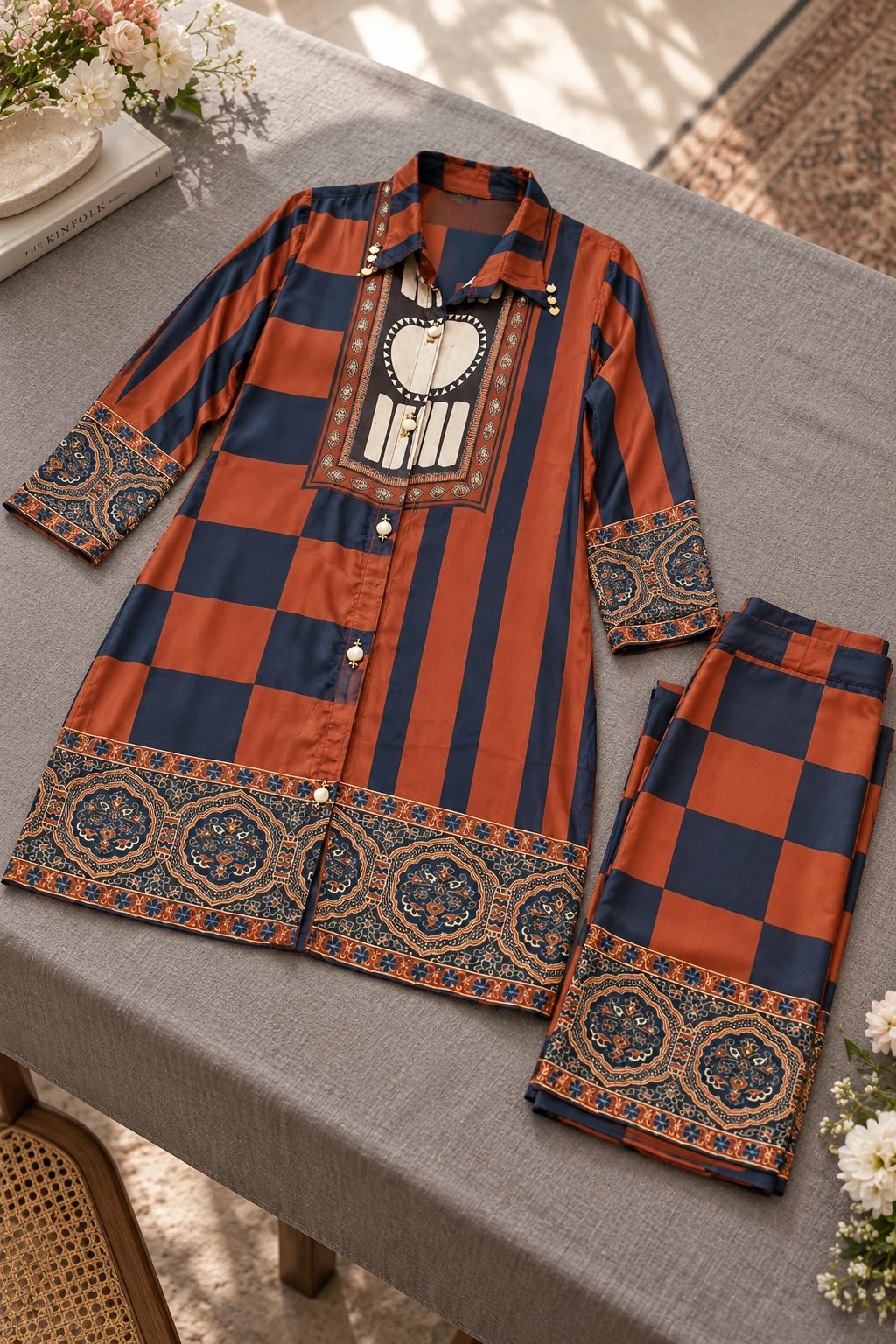 Rust orange & navy blue checks bohemian print co-ord, styled still life