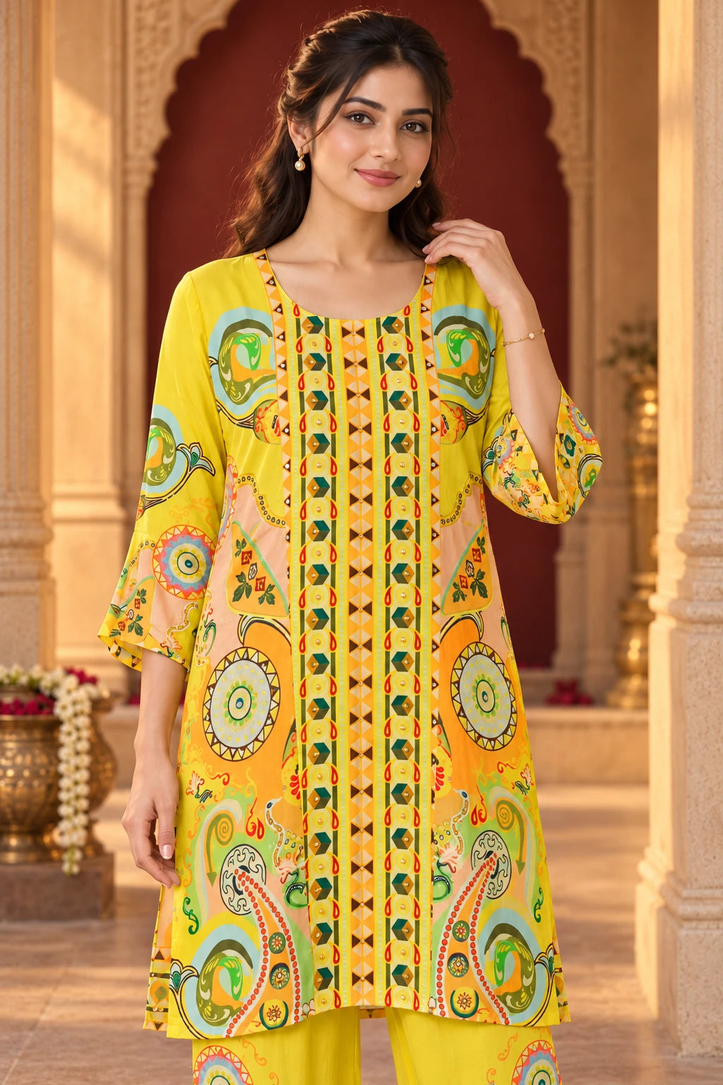 Yellow abstract print boho chic co-ord, close-up view