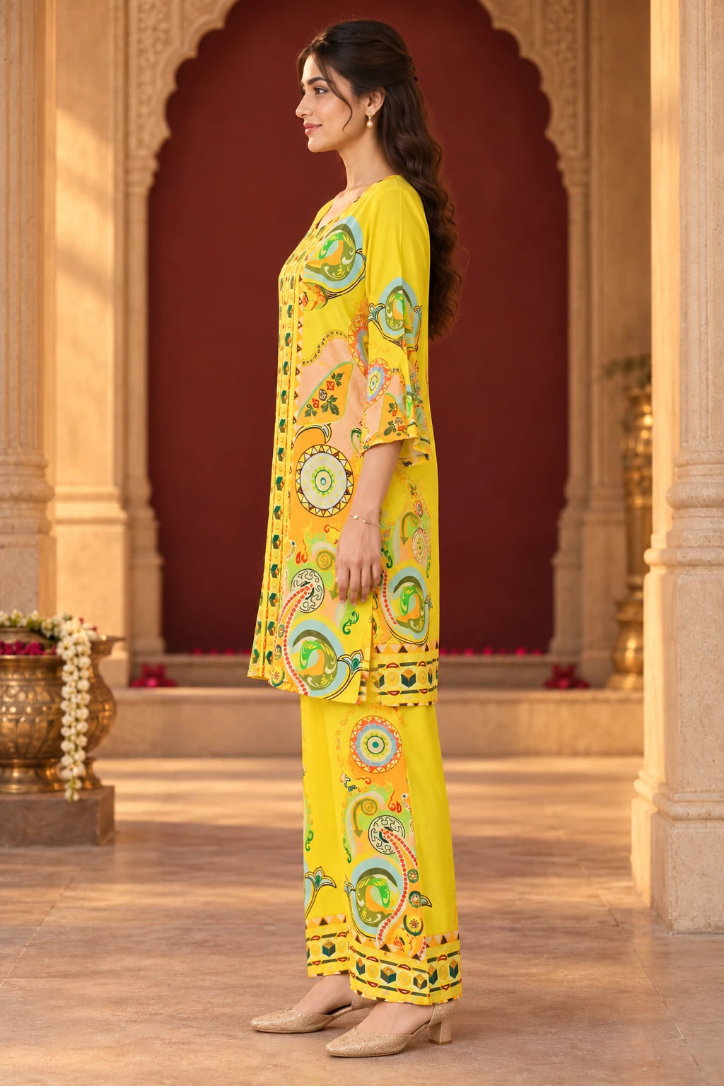 Yellow abstract print boho chic co-ord, side profile view
