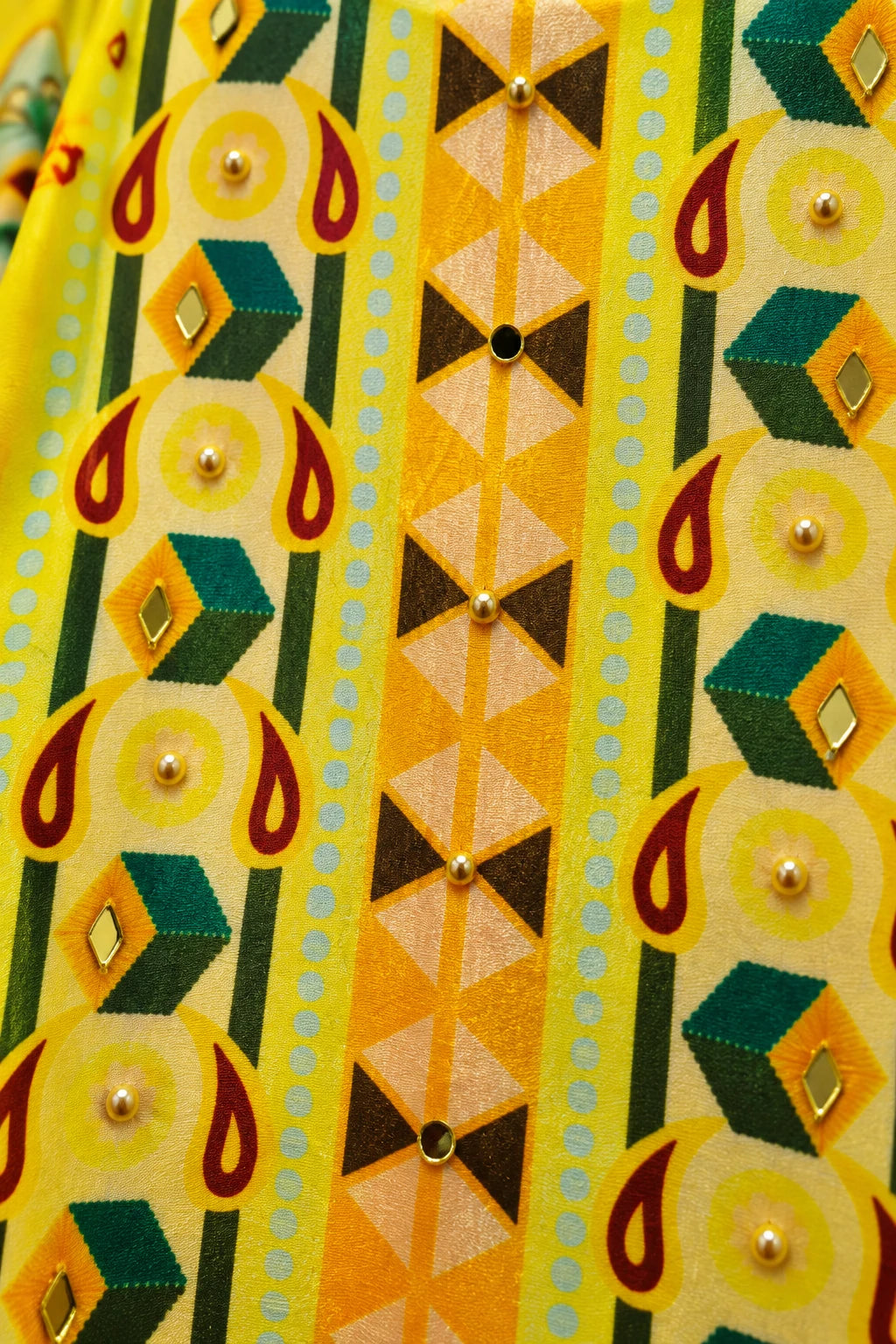Yellow abstract print boho chic co-ord, work detail macro