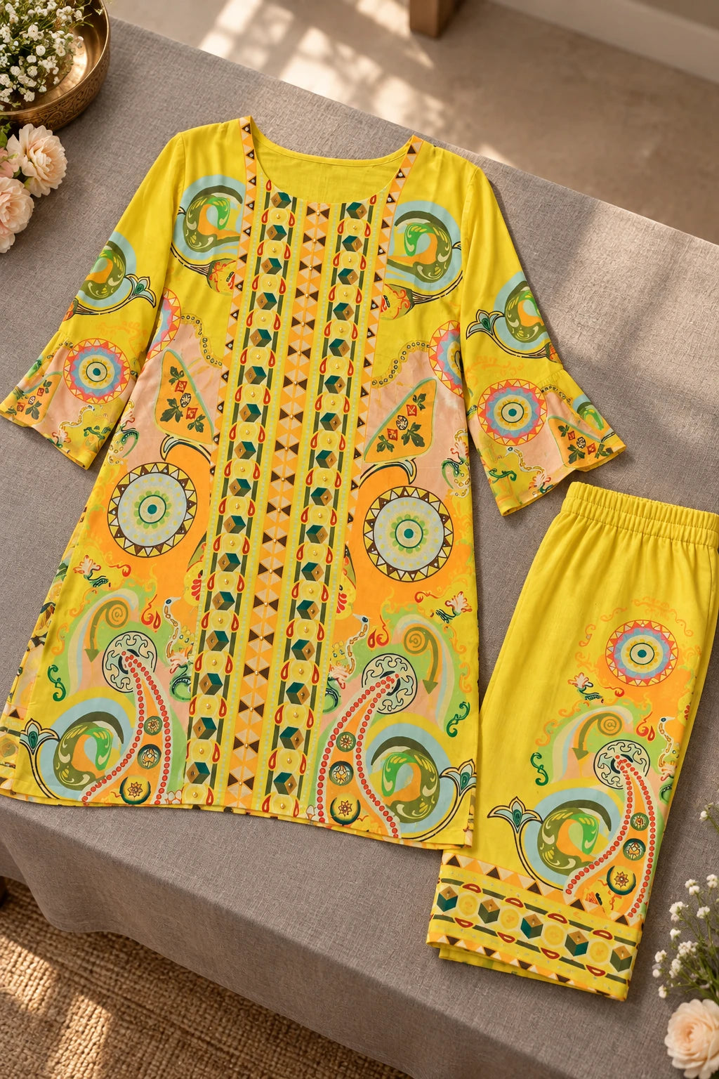 Yellow abstract print boho chic co-ord, styled still life