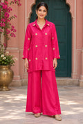 Fuchsia gold embroidery co-ord, front view