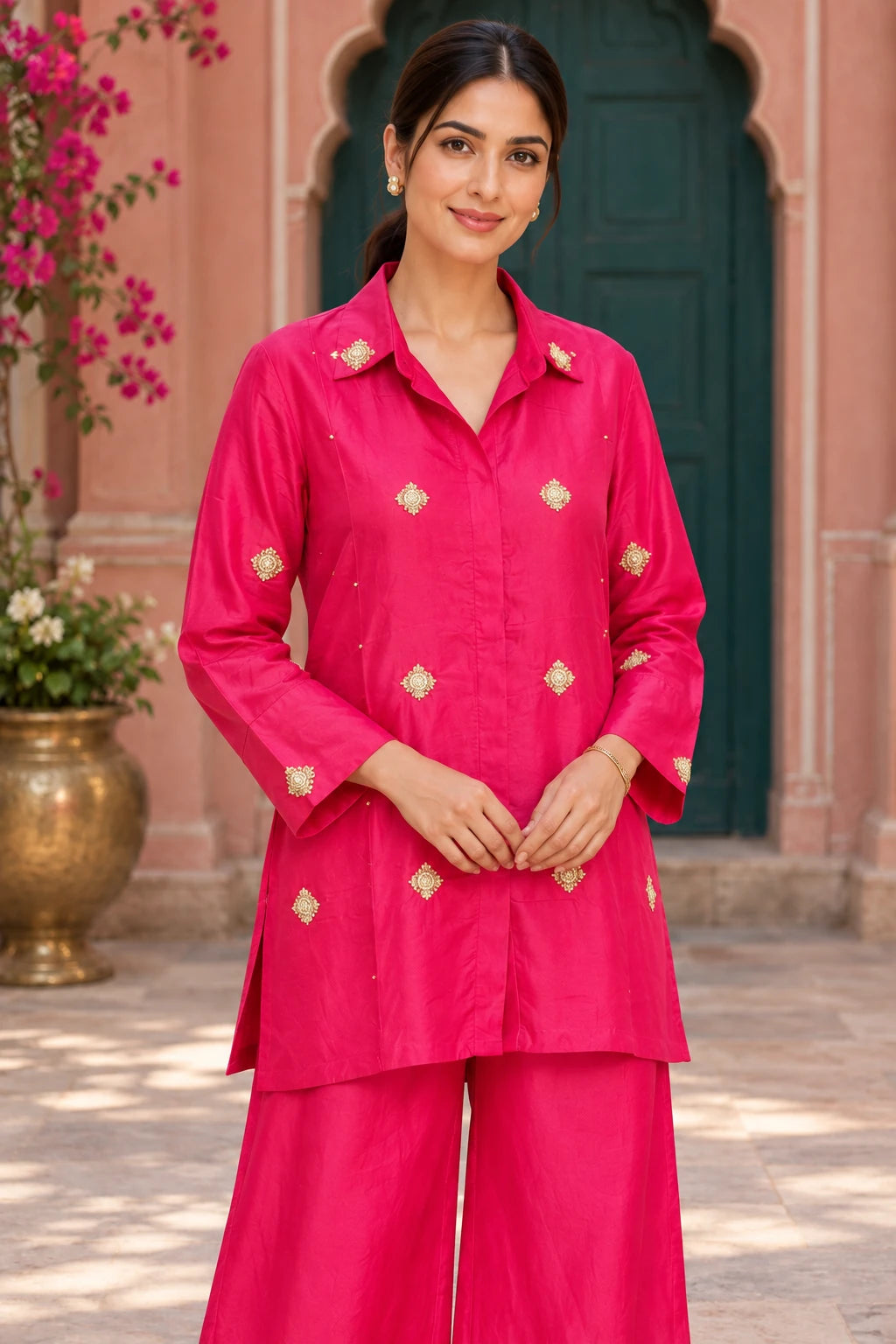 Fuchsia gold embroidery co-ord, close-up view