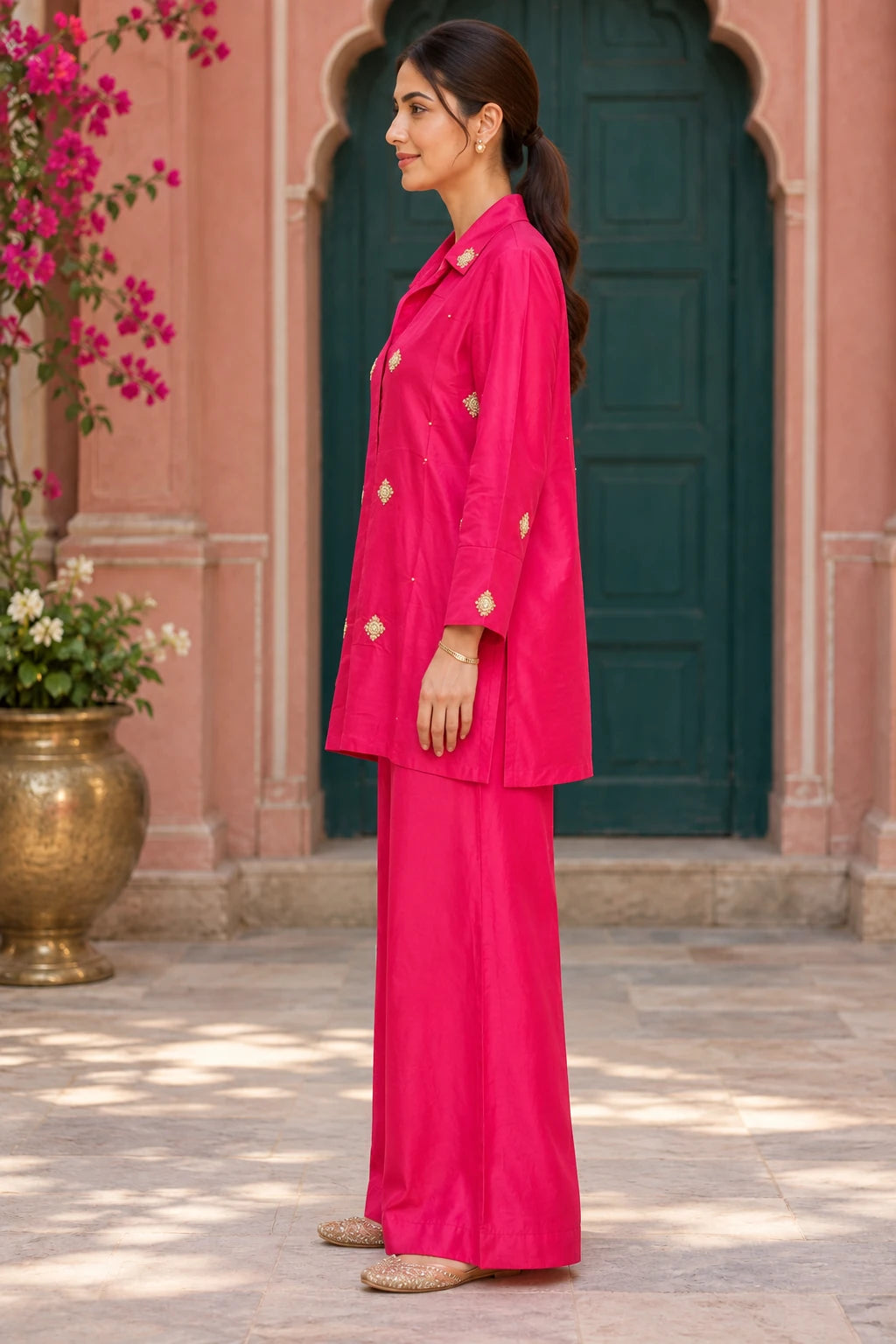 Fuchsia gold embroidery co-ord, side profile view