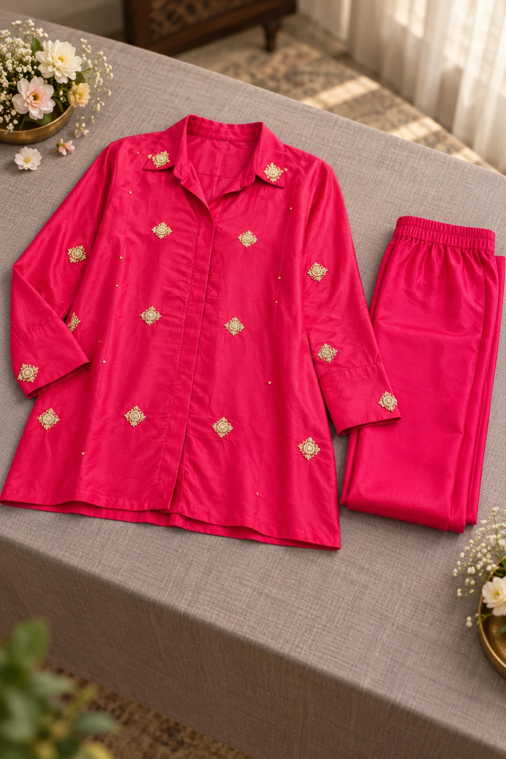 Fuchsia gold embroidery co-ord, styled still life