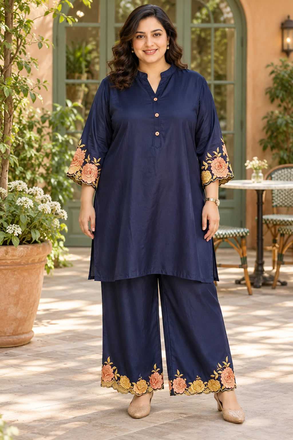 Navy blue floral embroidery co-ord, front view