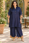 Navy blue floral embroidery co-ord, front view