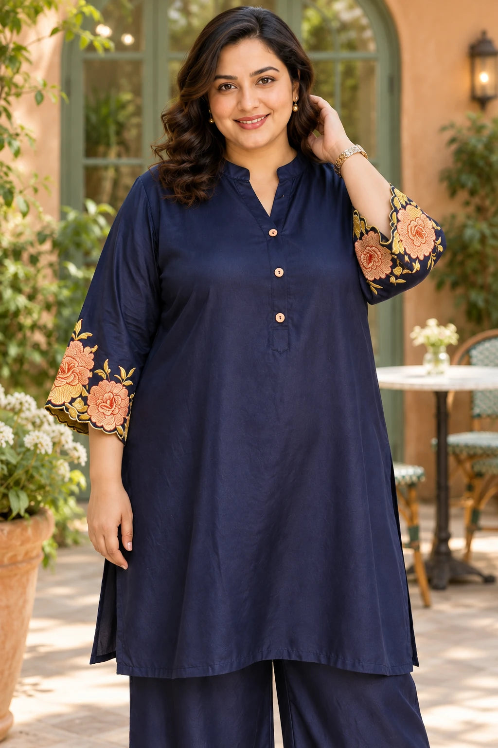 Navy blue floral embroidery co-ord, close-up view