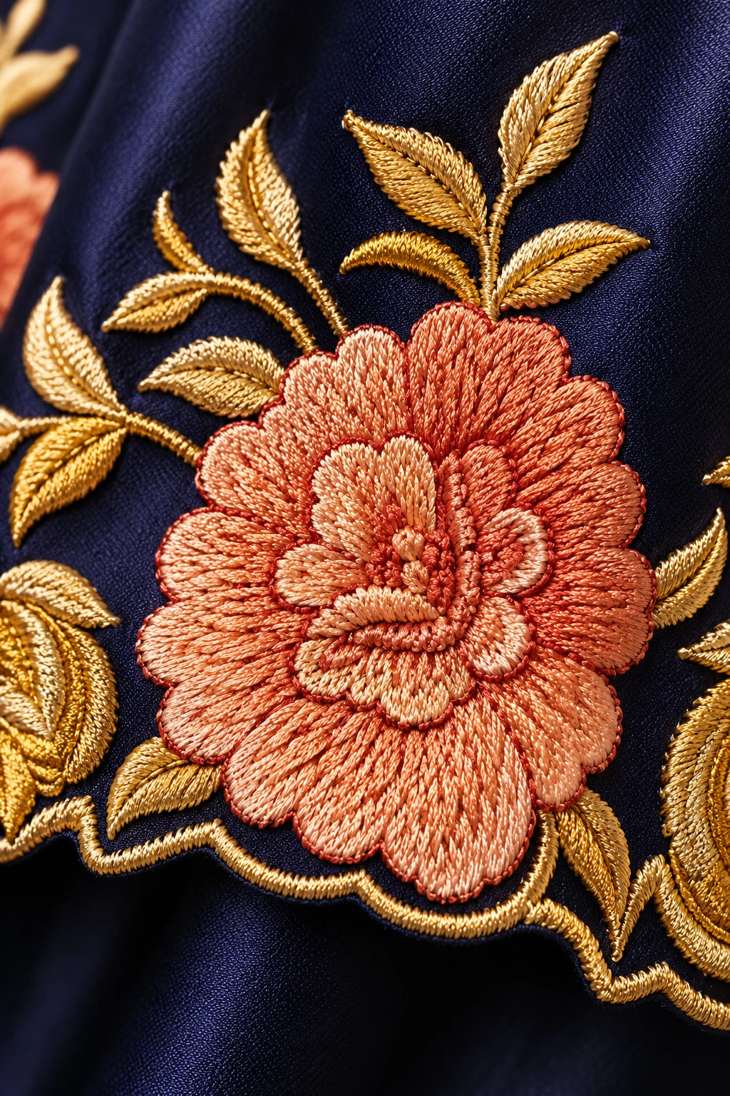 Navy blue floral embroidery co-ord, work detail macro