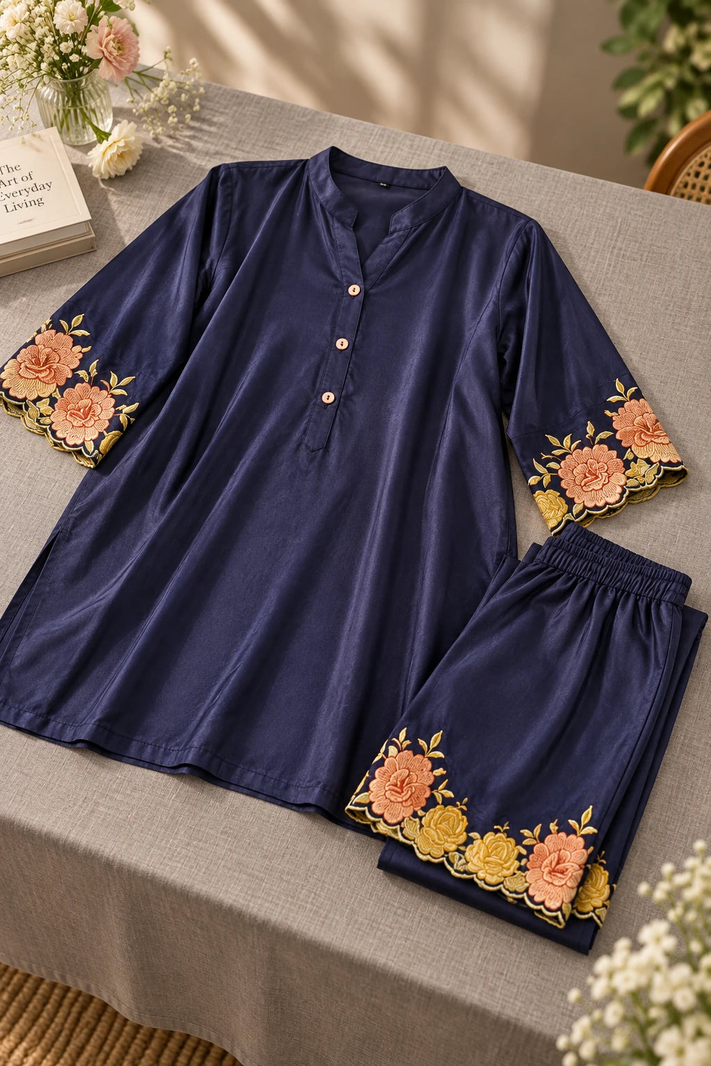 Navy blue floral embroidery co-ord, styled still life