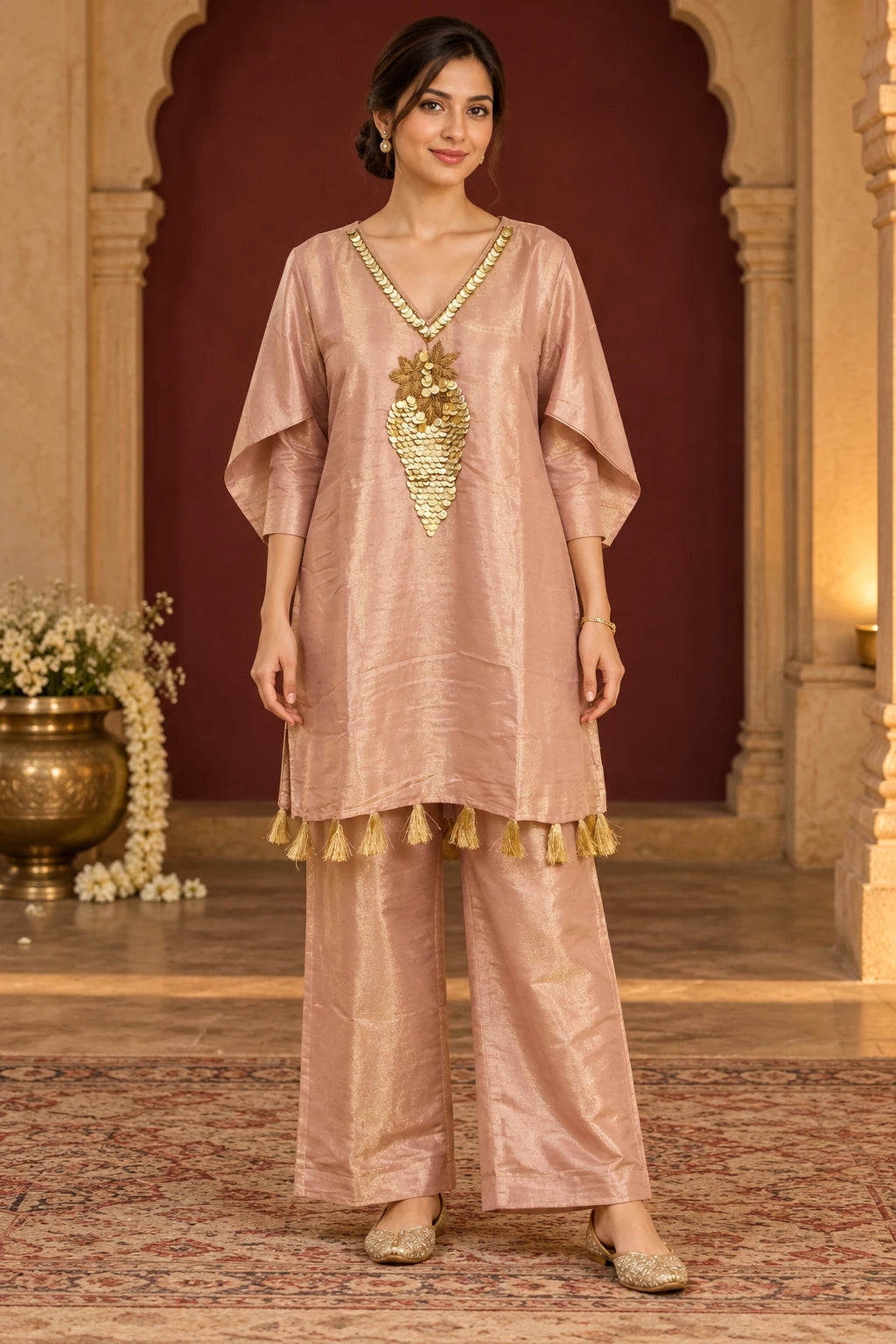 Champagne gold coin embroidery co-ord, front view