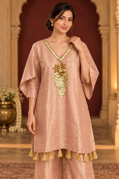 Champagne gold coin embroidery co-ord, close-up view