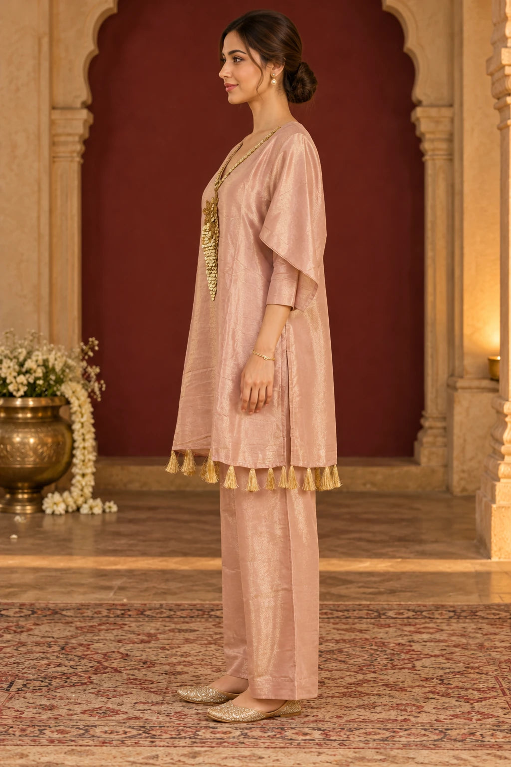 Champagne gold coin embroidery co-ord, side profile view