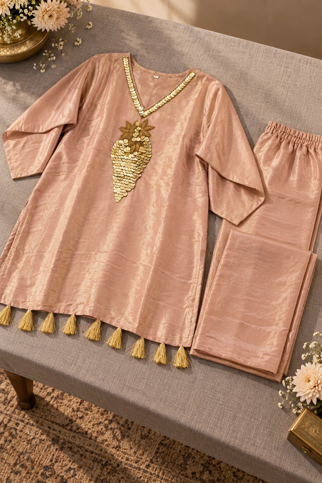 Champagne gold coin embroidery co-ord, styled still life