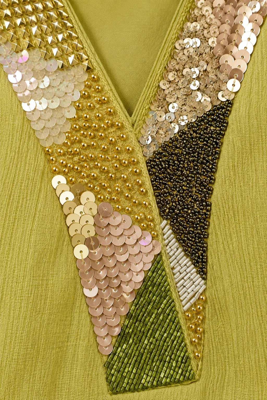 Light green embellished neck co-ord, work detail macro
