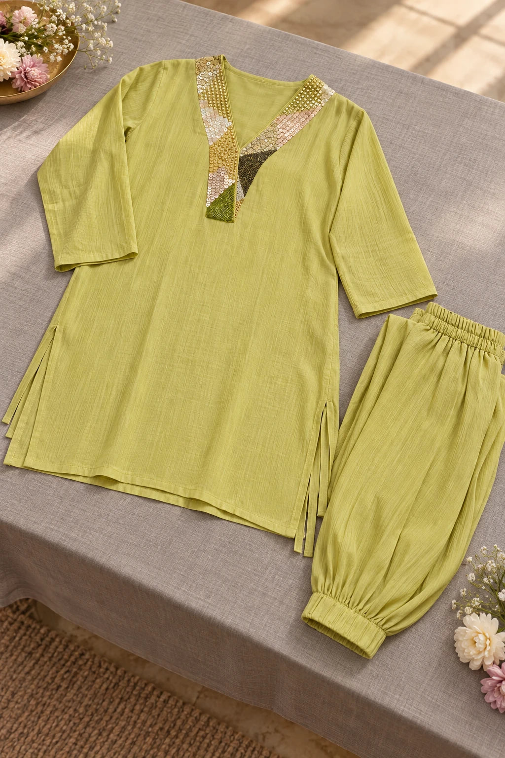 Light green embellished neck co-ord, styled still life