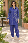 Royal blue dotted print co-ord, front view