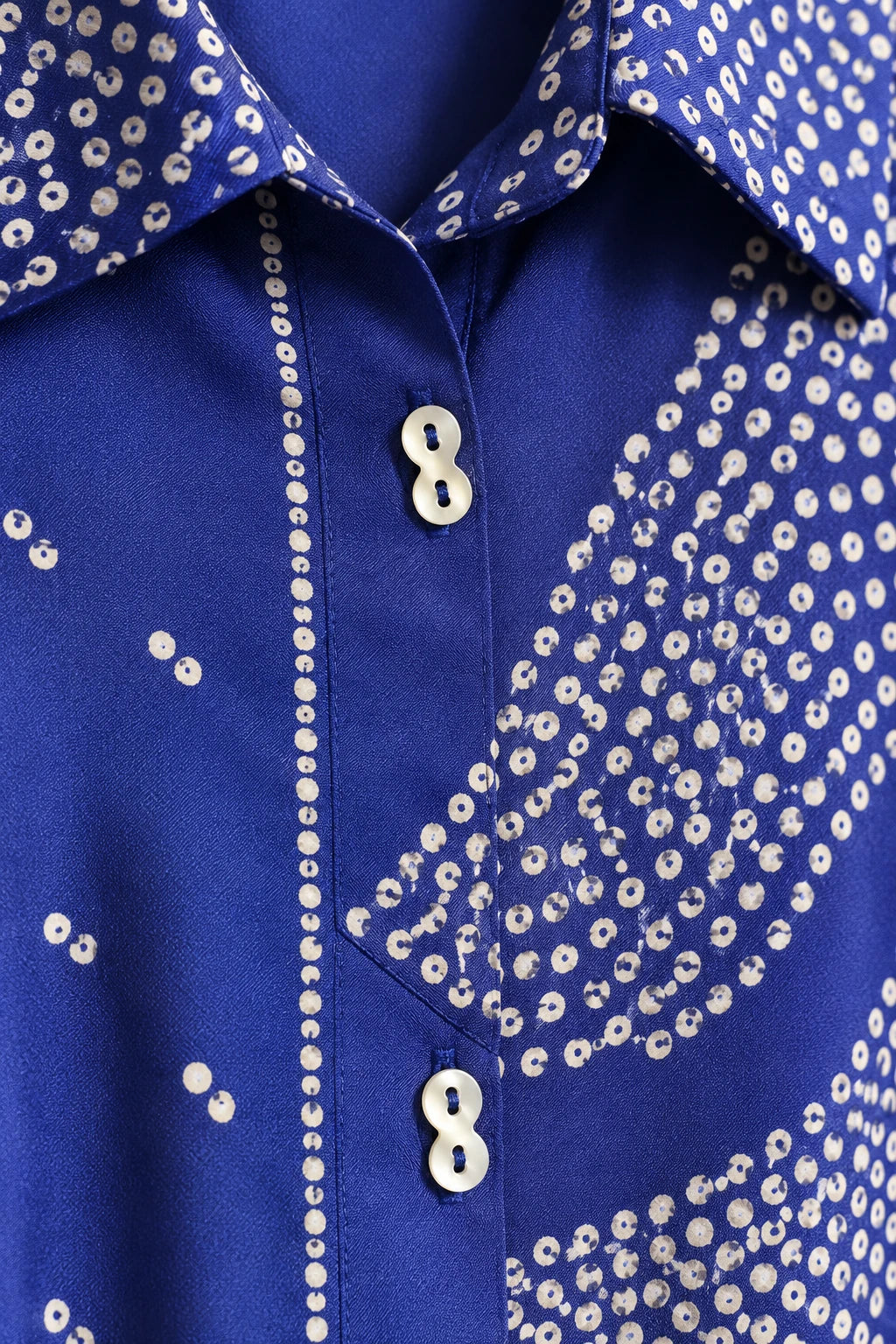 Royal blue dotted print co-ord, work detail macro