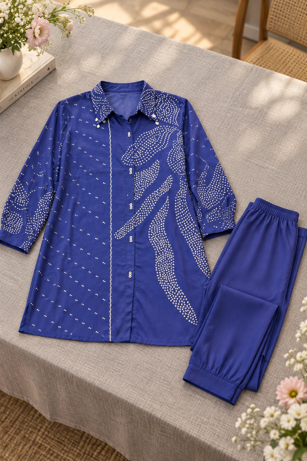 Royal blue dotted print co-ord, styled still life