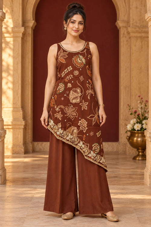 Coffee brown floral print asymmetric chic co-ord, front view