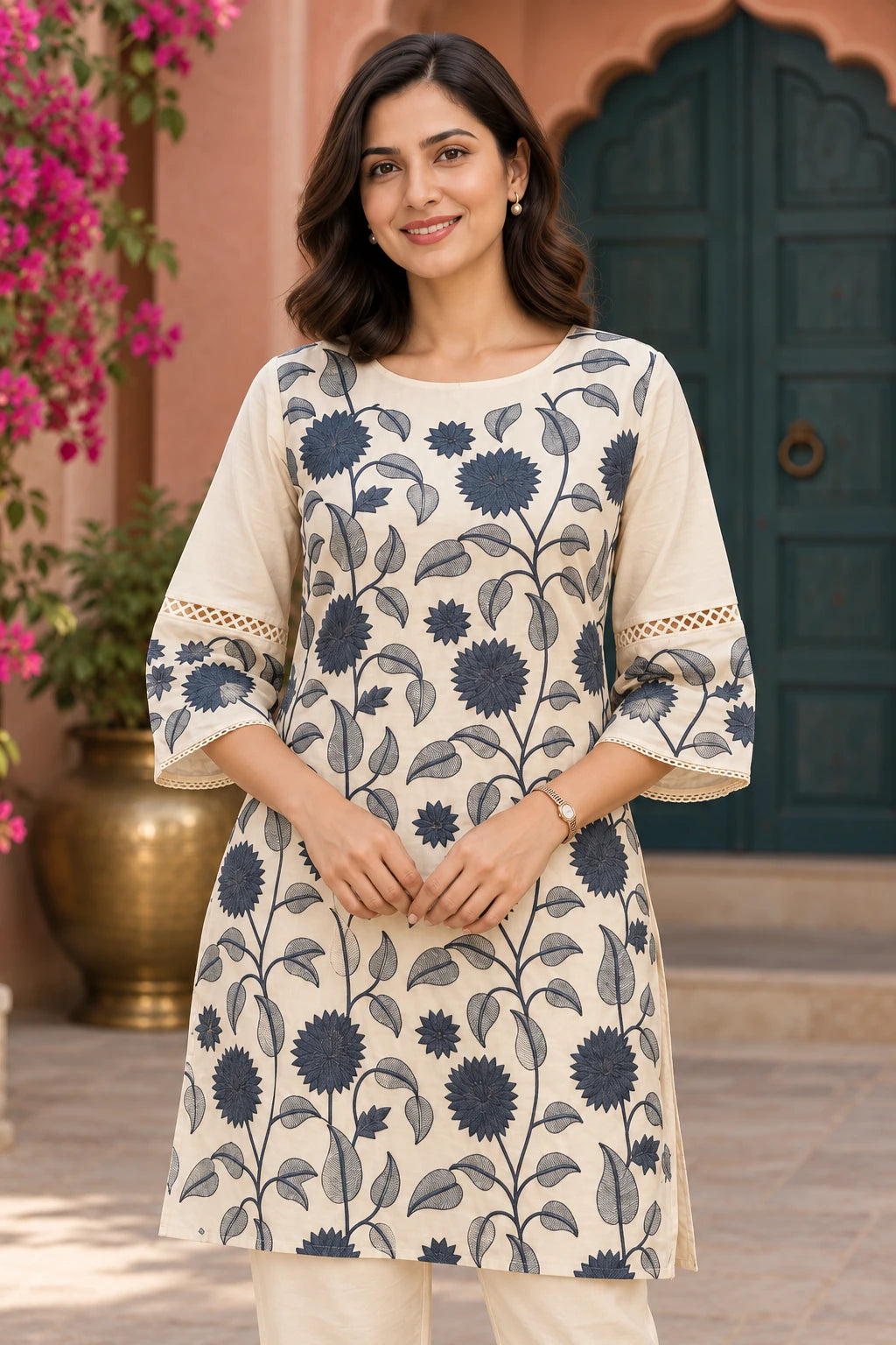 Ivory & blue floral embroidery co-ord, close-up view