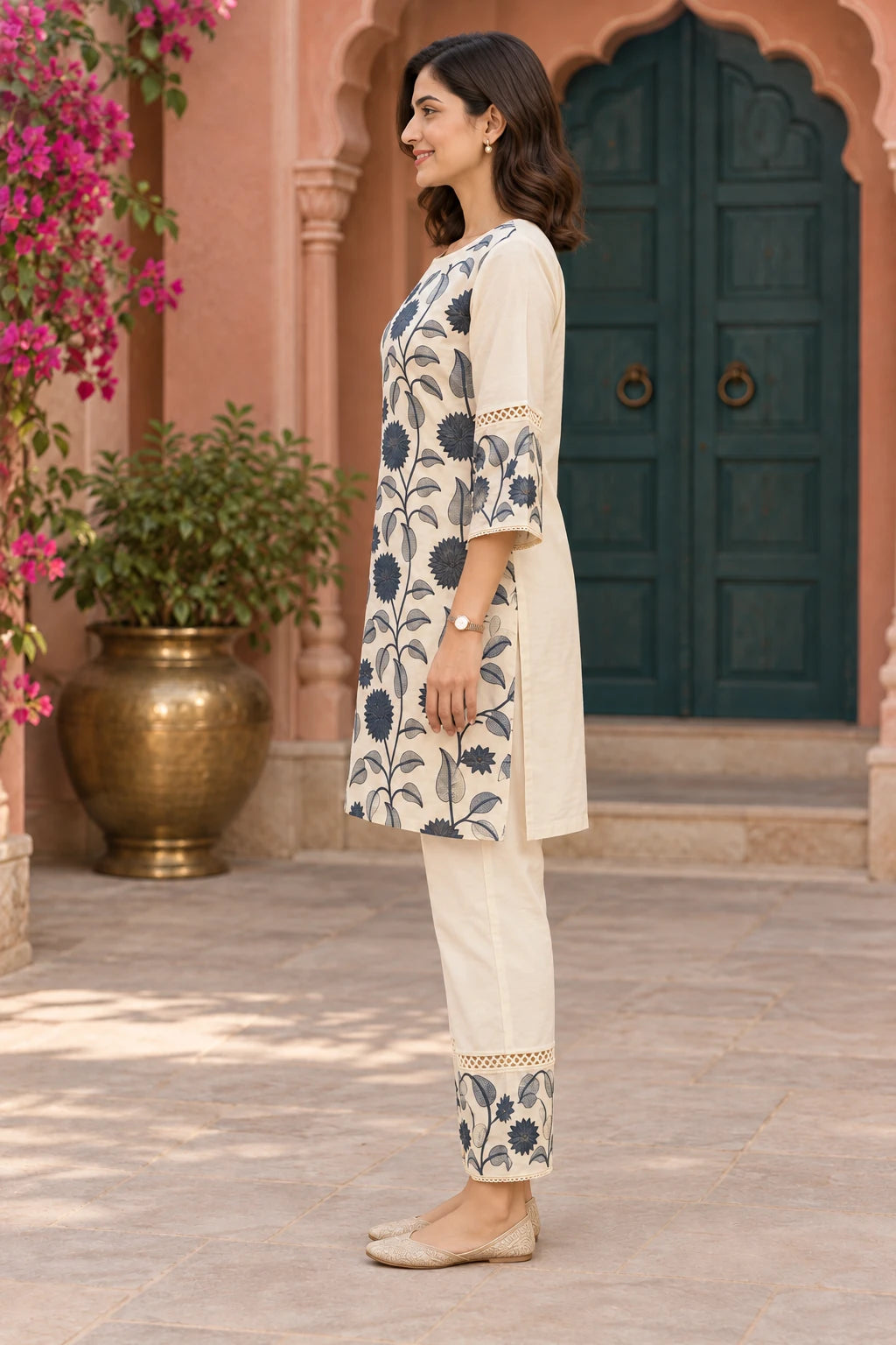 Ivory & blue floral embroidery co-ord, side profile view