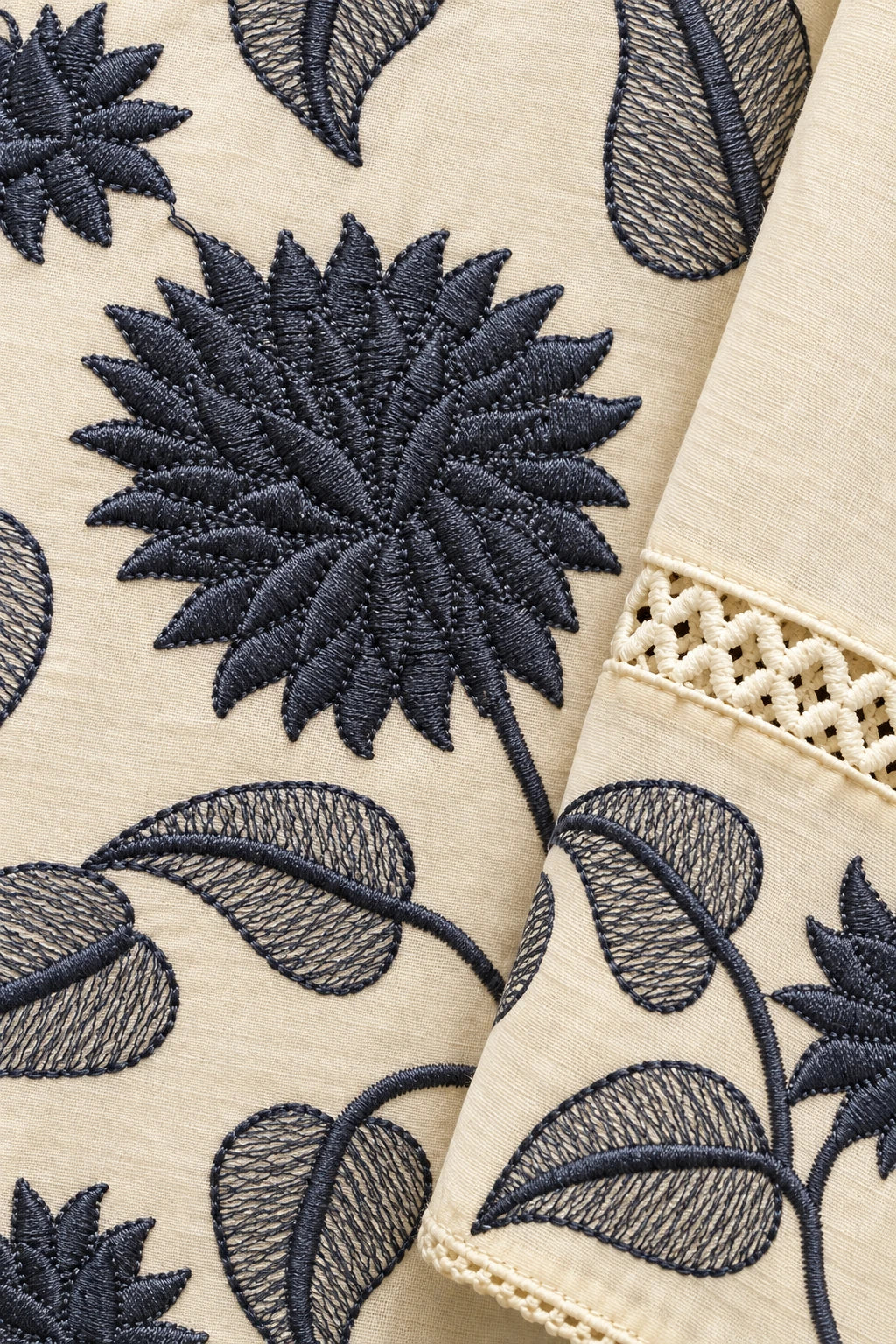 Ivory & blue floral embroidery co-ord, work detail macro