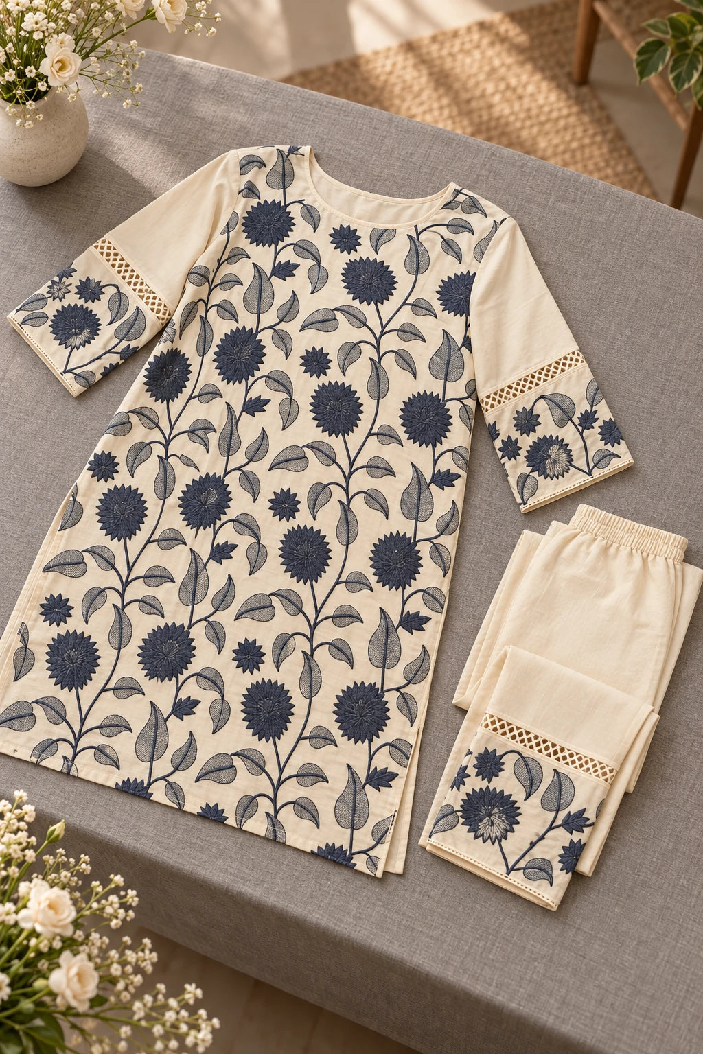 Ivory & blue floral embroidery co-ord, styled still life