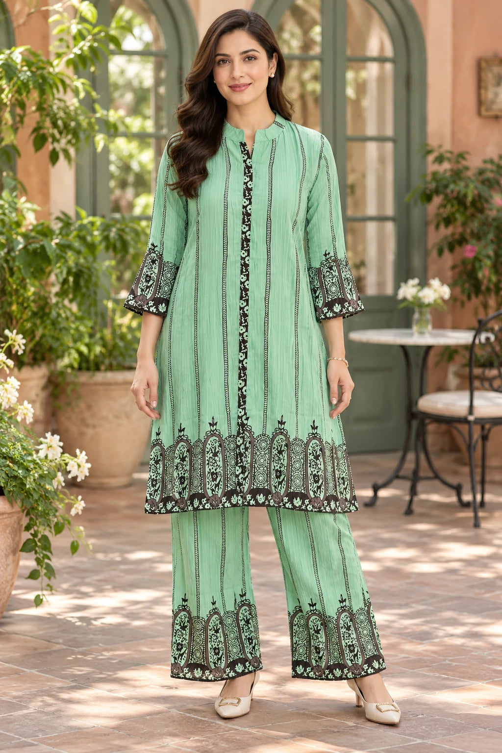 Mint green printed tunic co-ord, front view