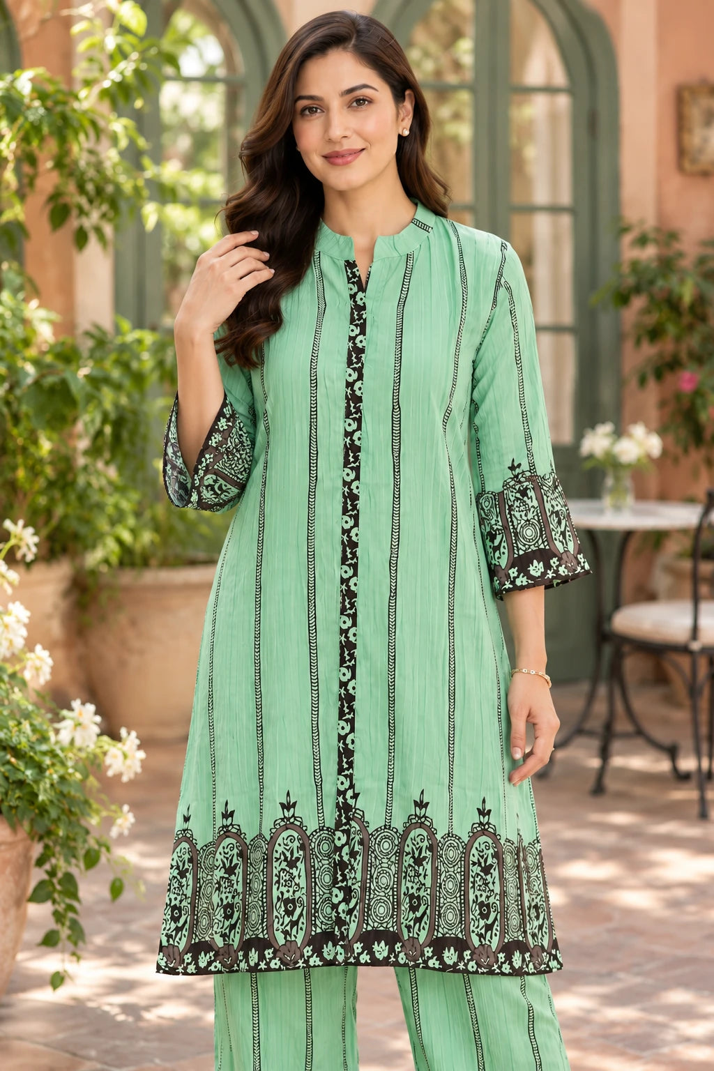 Mint green printed tunic co-ord, close-up